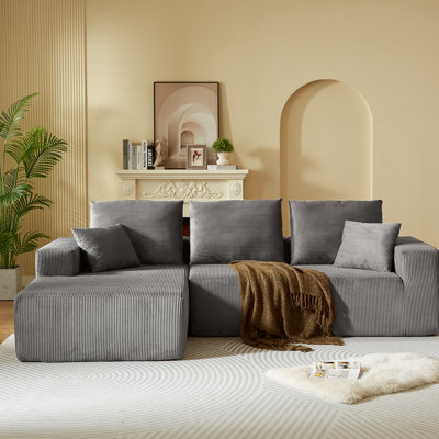 Modern L Shaped Sectional Couch With Chaise, 3 - Seat Dark Gray Corduroy For Bedroom Relax, Soft Filling, 35D High Resilience Sponge, No Assembly Modular Cloud Couch, In Gray, Suitable Relaxing At