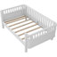 Lit simple blanc pour et, avec beaucoup de rangement, tête de lit à profil bas, une belle plateforme de sommeil, design, avec clôture à tiroirs de rangement, différents styles de pièces