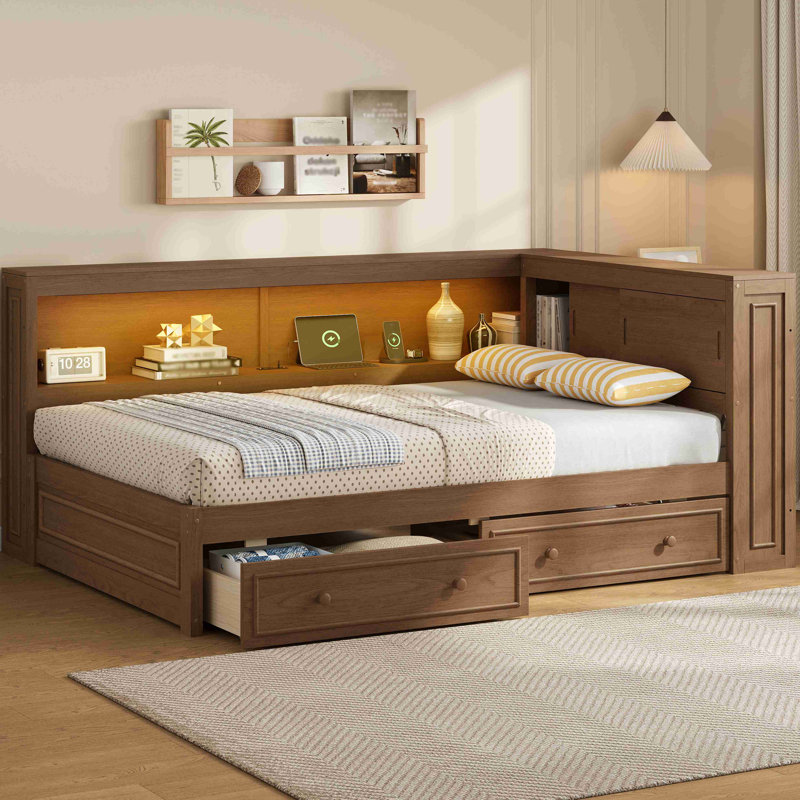 Lit de jour en bois avec tablettes de rangement, USB, DEL et 2 tiroirs, Bois