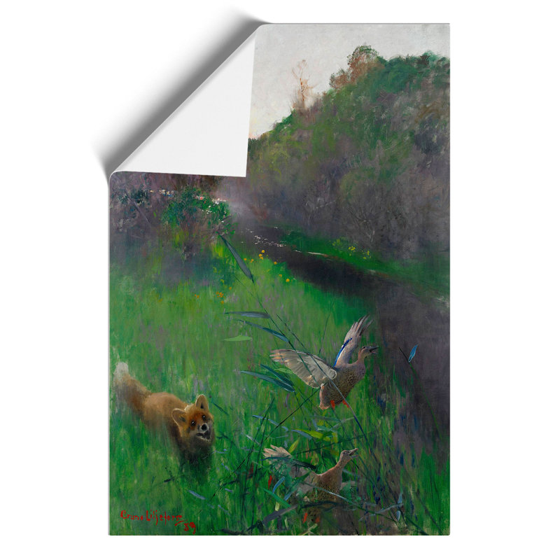 Fox and Seabirds by Bruno Liljefors - Unframed Painting, 59cm H x 42cm W x 0.1cm D