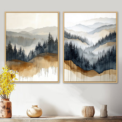 Forêt brumeuse à feuilles persistantes V - Grande décoration murale en 2 parties