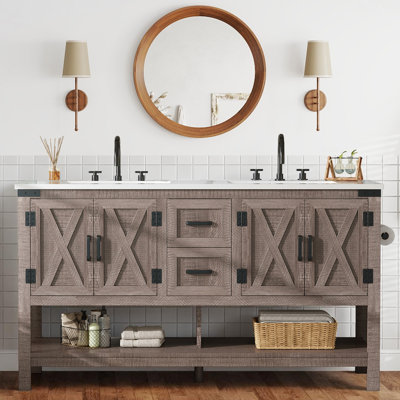 Chimira 60" Farmhouse Storage Bathroom Vanity with Double Sink, Rustic Gray