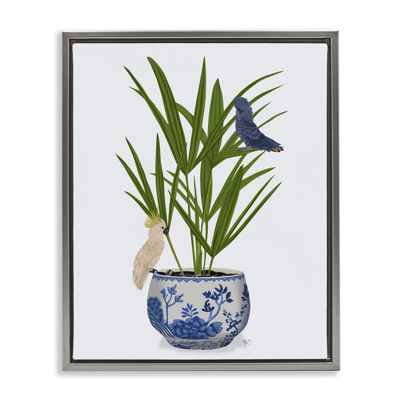 «Cockatiels on Planter», art mural encadré flottant par Fab Funky, H 31 po x l 25 po, Cadre flottant gris lustré