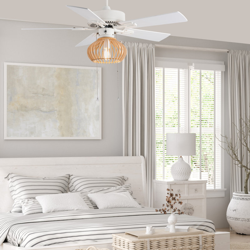 42" White and Tan Wood Caged Ceiling Fan with Light