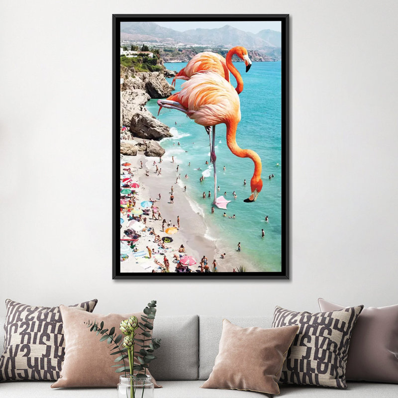 « géant flamant roses on the beach », reproduction d’impression sur toile, H 26 po x l 18 po x P 1,5 po, Pas de tapis