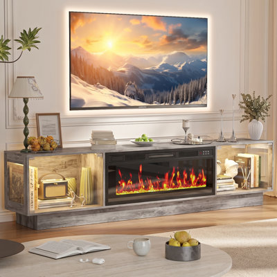 Jerald 80" Fireplace Tv Stand With Electric Fireplace,20 Colors Led Lights Entertainment Center For Living Room,large High Gloss Tv Console Cabinet For Televisions Up To 80+ Inch