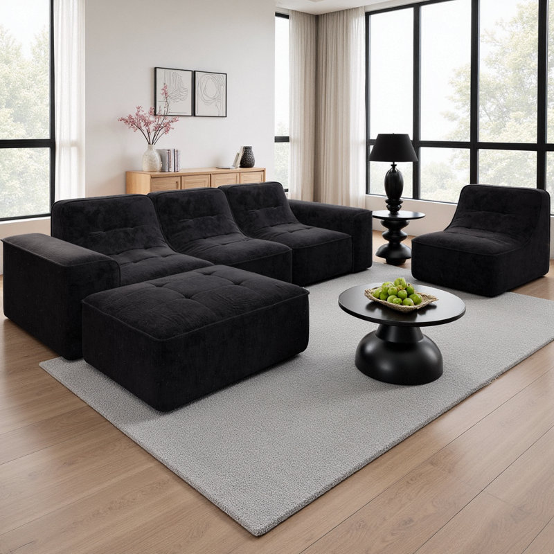 Ensemble de canapé modulaire en L de 143,7 po avec repose-pieds amovible capitonné en chenille scintillante pour salon, sans assemblage requis
