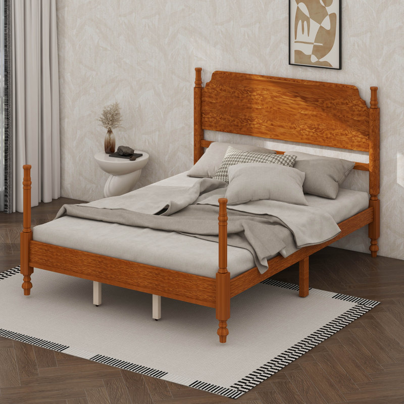 Lit poteau en bois traditionnel, lit plateforme rétro, aucun sommier requis, assemblage facile, Queen, Light Walnut