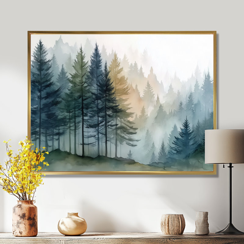 «Morning Fog Pine Tree Mountain Trail», reproduction d'art sur toile encadrée en pin, H 16 po x l 32 po, Cadre flottant, Doré