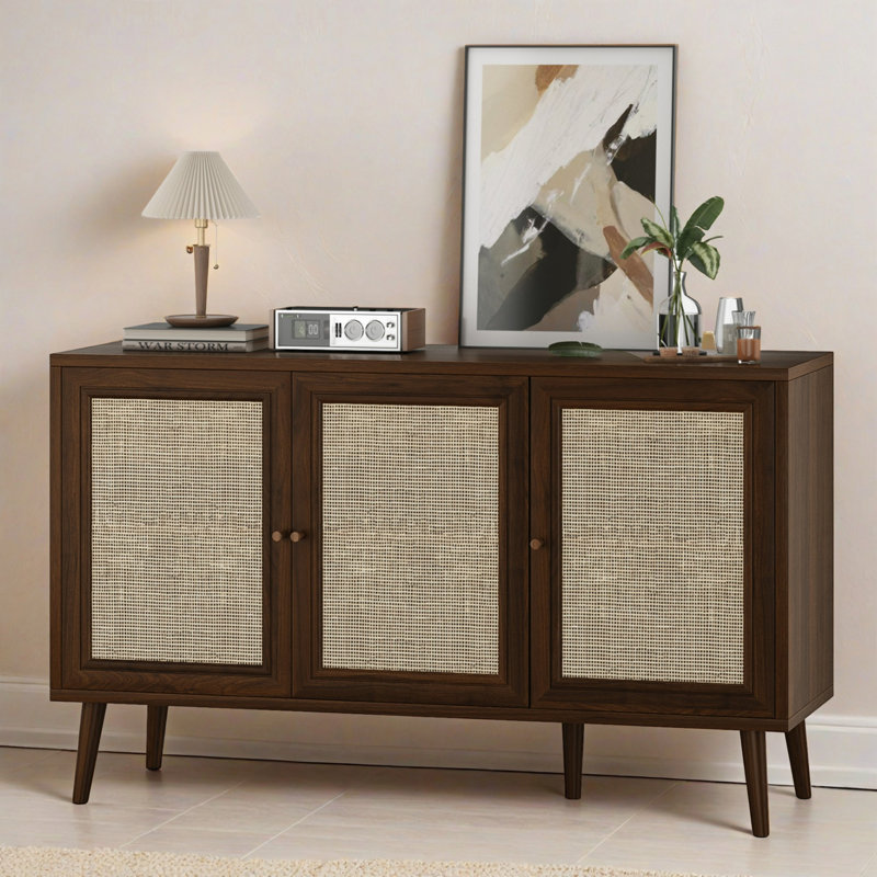 47.2"  3-Door storage Sideboard with Rattan  Doors, Walnut