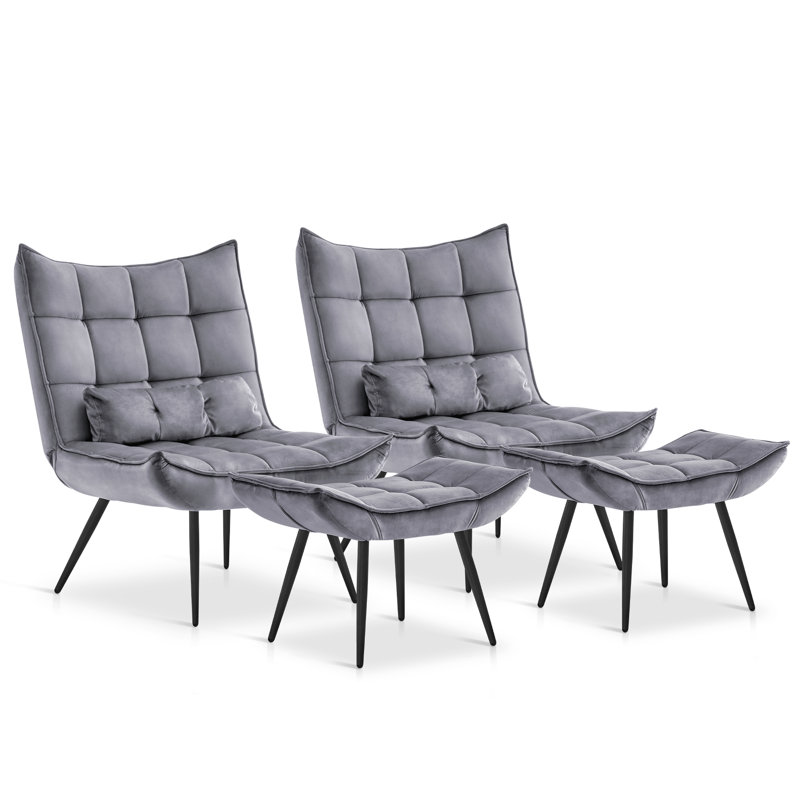 Solara Modern Accent Chair with Ottoman, Velvet Upholstered Wingback Chair, Armless Leisure Chairs, Gray Velvet