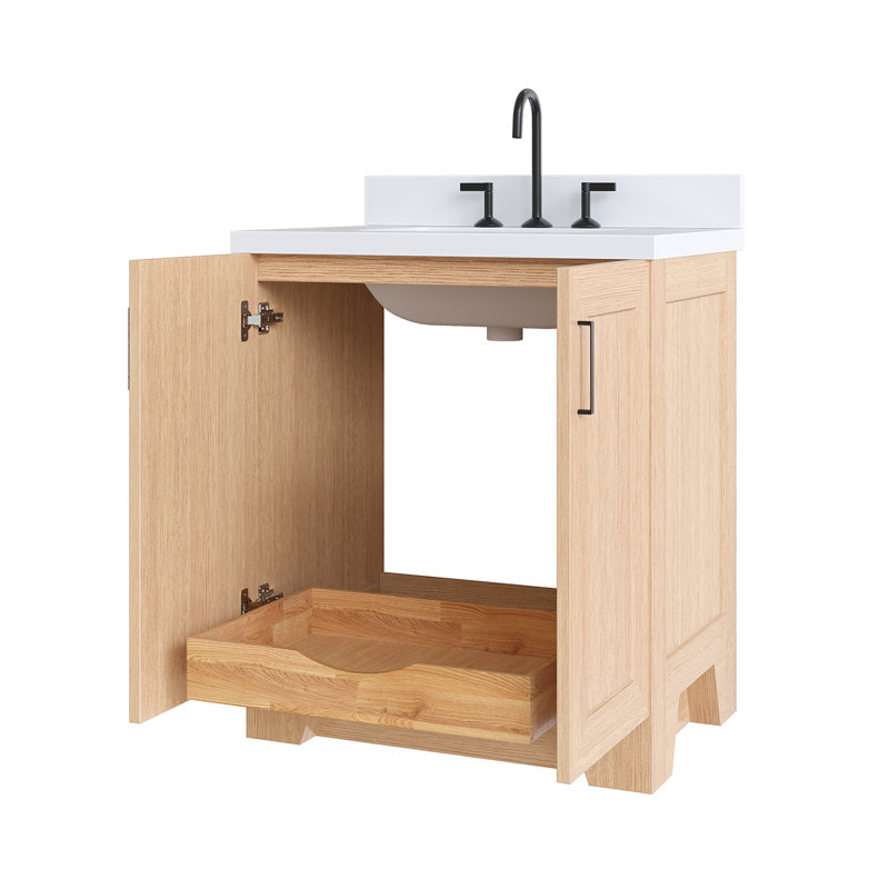 Meuble-lavabo simple en bois massif 30 po Frawley en blanc avec comptoir en quartz blanc pur 1,5 po, évier central rectangulaire