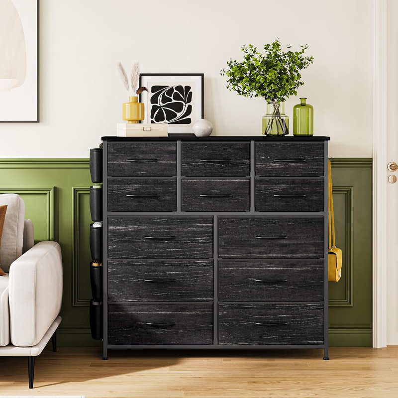12-Drawer Fabric Dresser with Side Pockets, Hooks, Steel Frame & Wood Top Chest, Black