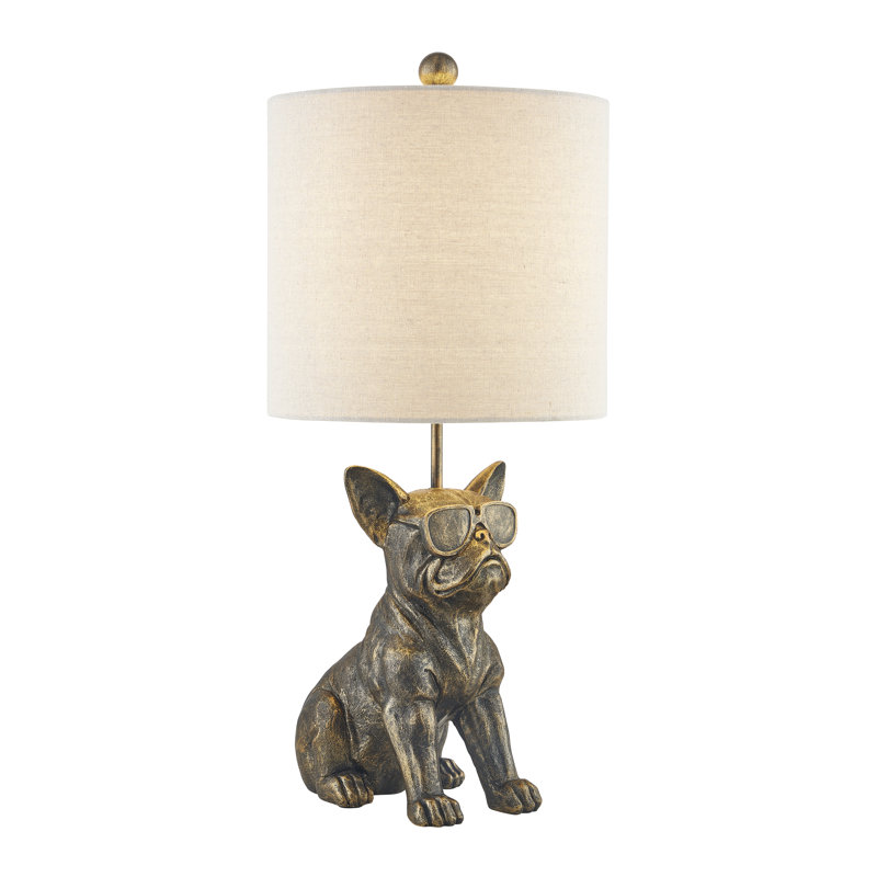 24.5"  Bronze Resin French Bulldog W/ Sunglasses Table Lamp  With Shade, Tan, Brown