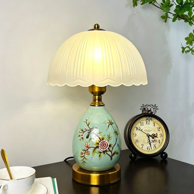 15" Vintage Floral Ceramic Table Lamp, Traditional Bird and Flower Bedside Light with Glass Lampshade for Living Room, Bedroom, Office
