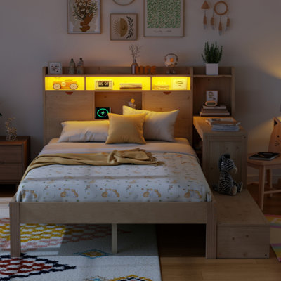 Lit plateforme avec bureau, base de lit double avec tiroirs, lit en bois avec tête de rangement et station de charge