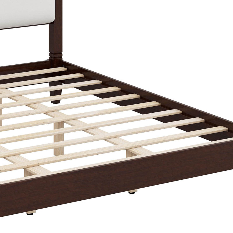 Lit à baldaquin en bois avec tête de lit tapissier épaisse, lit plateforme à quatre colonnes en bois avec support à lattes de bois