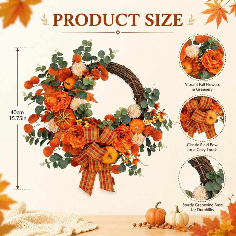Couronne de pivoine avec citrouilles d'automne 16 po
