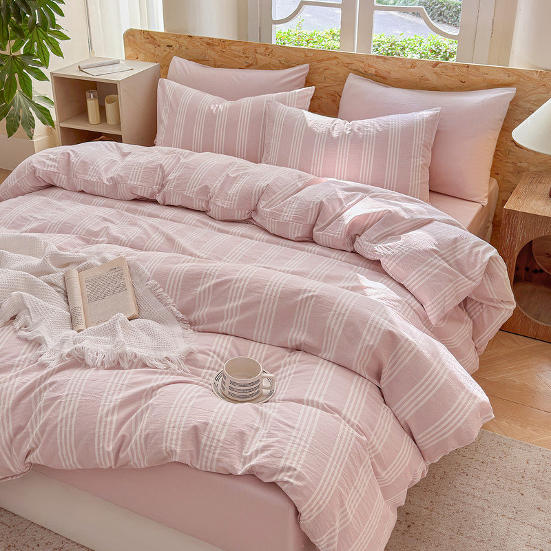 DONEUS Striped Duvet Cover Set 100% Washed Cotton Linen Like Soft Feelling 3 Pieces Bedding Set, Pink/White