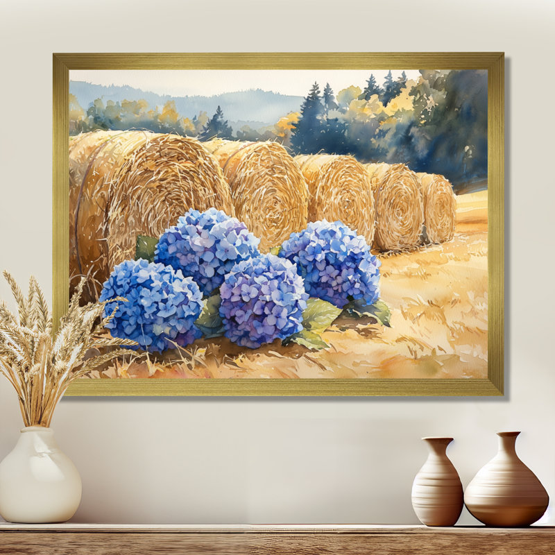 «Dangek Hydrangeas By The Hay Bales I», art mural grand hortensia, H 12 po x l 20 po, Reproduction encadrée d'une seule photo