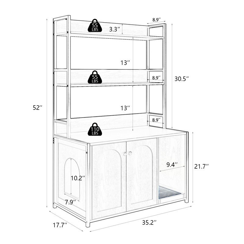 Grand bac à litière avec rangement pour tablette, meubles de toilette cachés pour chat, maison de chat en bois avec patin à griffes, armoire pour chat robuste avec 2 portes