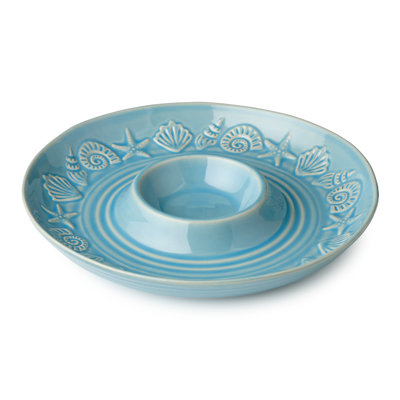Coastline Blue Stoneware Chip and Dip 13.5 Inches, embossed coastal shell and starfish server with glossy sea-blue glaze, durable beach house serveware for relaxed coastal entertaining and everyday