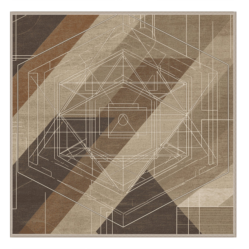 Machine Washable Bemott Global Inspired Geometric Shapes Rug in Gray – Beige Binding, 3' Square