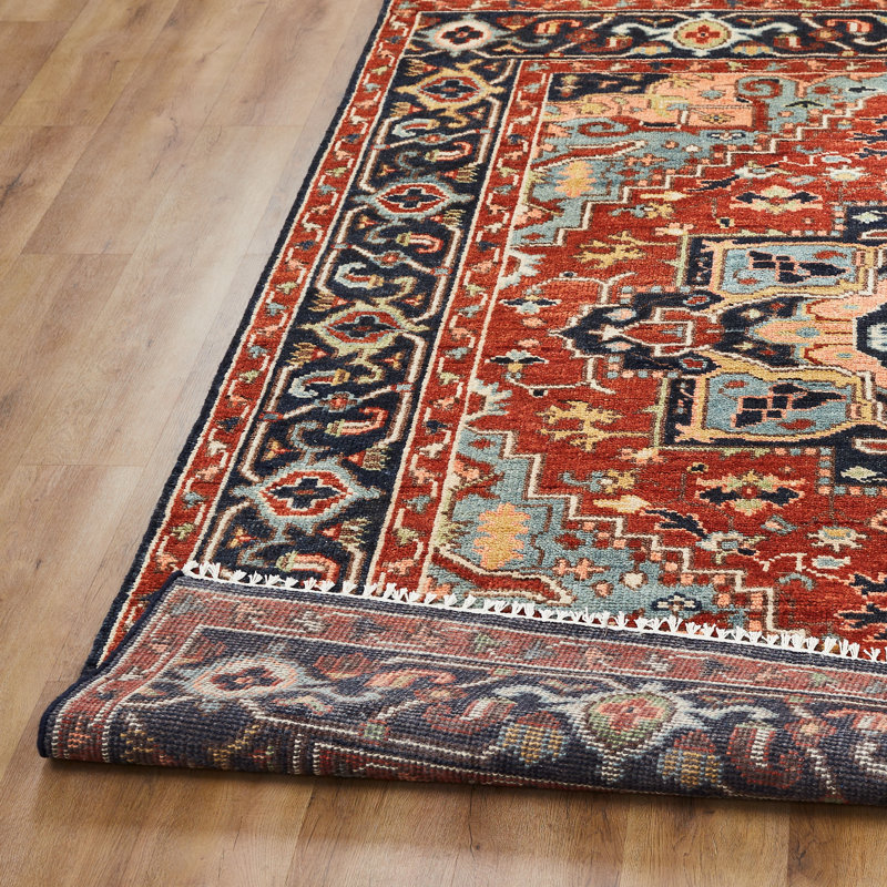 Serapi Heritage Hand-Knotted Wool Medallion Area Rug in Red, Red/Navy, Rectangle 9' x 12'