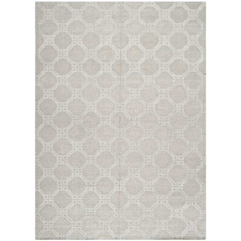 Tibetan Geometric Hand-Knotted Silver Area Rug, Rectangle 6' x 9'