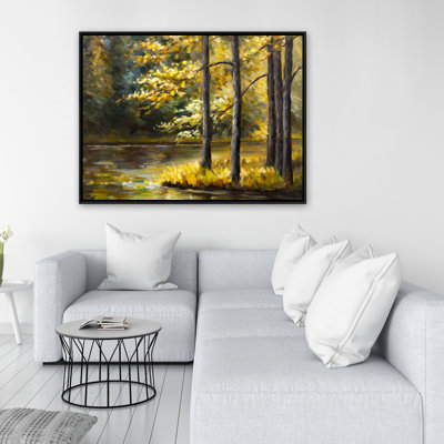 Fall Landscape by the Water - Contemporary Framed Canvas Decor