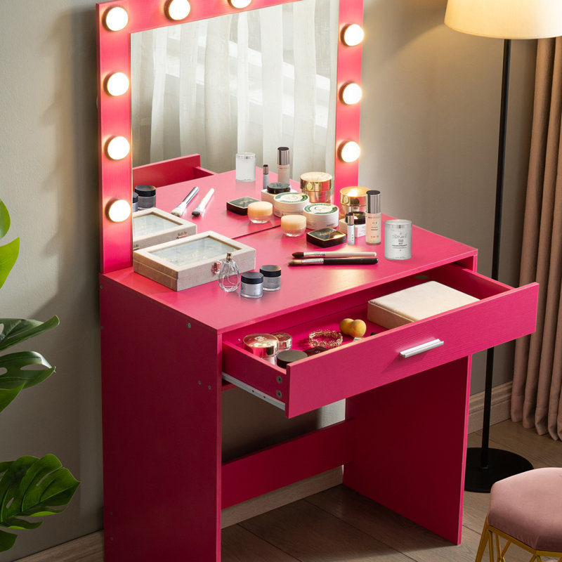 Bureau de coiffeuse avec miroir et lumières, coiffeuse avec grand tiroir, commode de rangement à 1 niveau et 3 modes d'éclairage à luminosité réglable