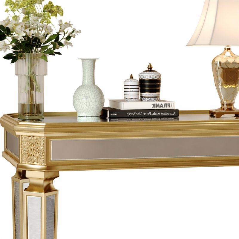 Miroir console rétro en grain de bois, Or, argent, H 32,68 po x l 48 po x P 14 po, Argent / or, argent