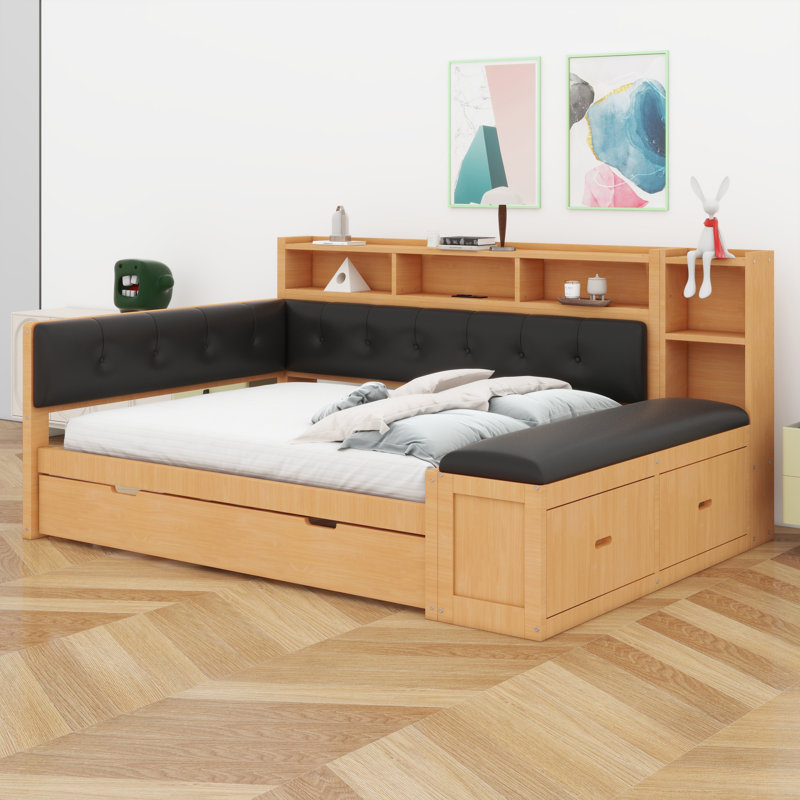 Structure de lit de jour multifonctionnelle en bois avec couchette, tablettes de rangement, banc et station de charge, tête de lit tapissier