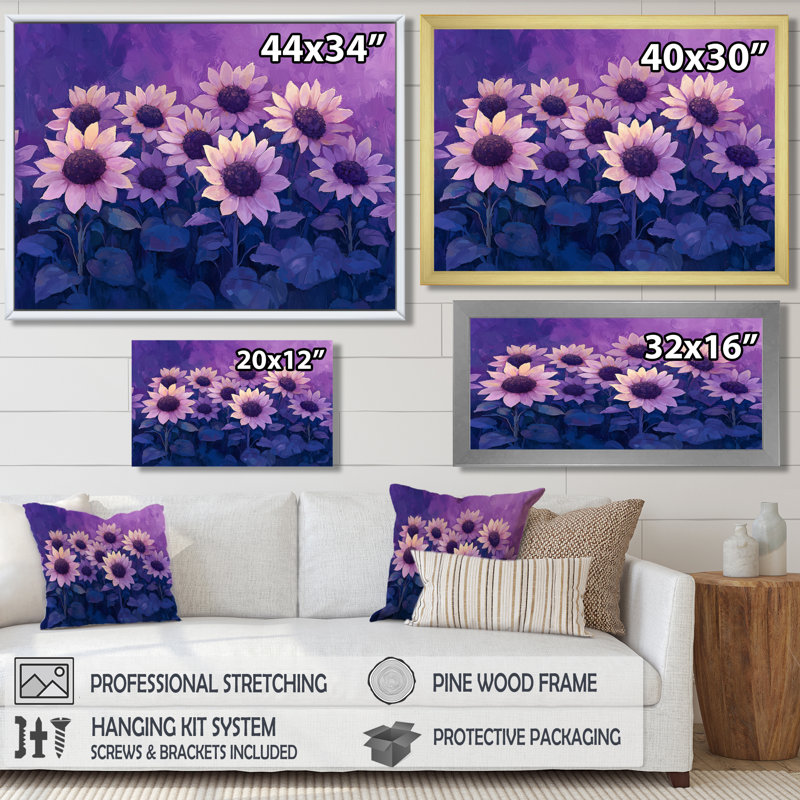 Dony, crépuscule mauve, teintes de coucher de soleil, champ de tournesols III - art mural de tournesols pour le salon, Doré
