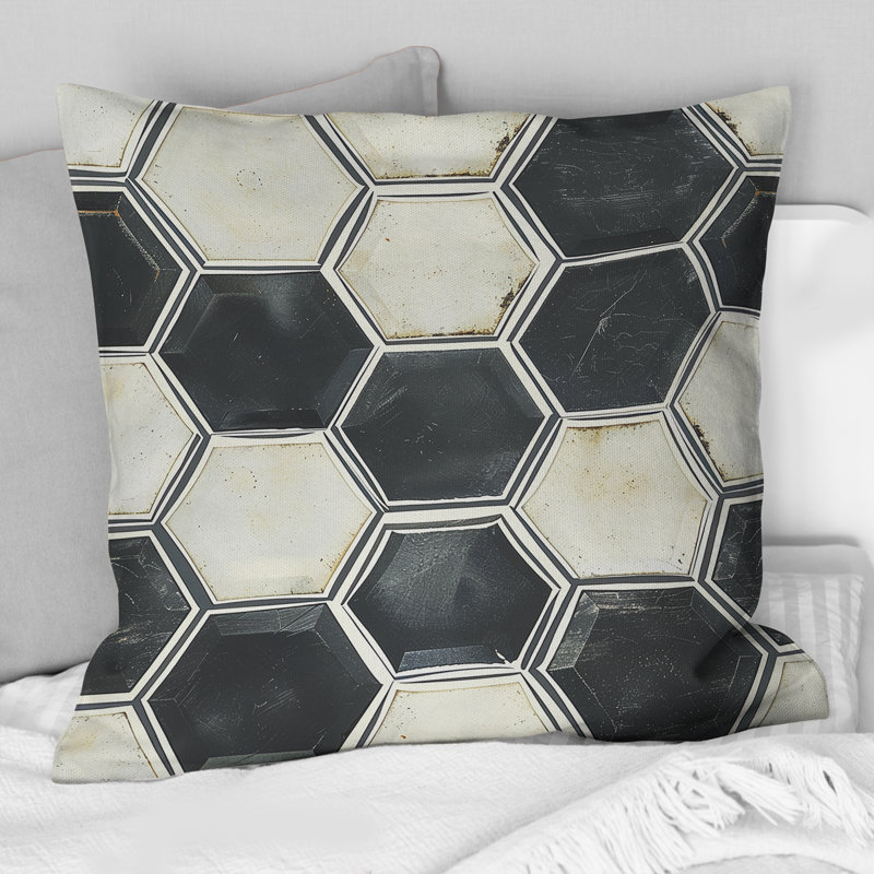 Coussin noir et blanc Hexagon II - Mid-Century, H 16 po x l 16 po