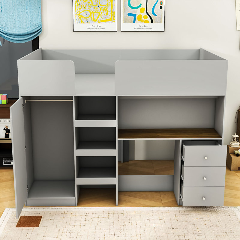 Lit double mezzanine en bois à 3 tiroirs avec garde-robe intégré, bureau et tablettes