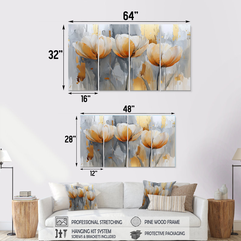 «Winter Hues Tulips Field Horizon I» - art mural tulipes - ensemble de 4 décorations murales traditionnelles