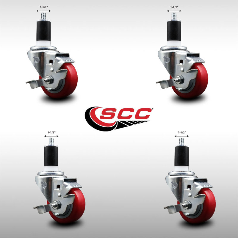 Ensemble de roulettes extensibles en polyuréthane pivotant de 1 po et de 1/2 po 3 pouces avec frein SCC, Rouge