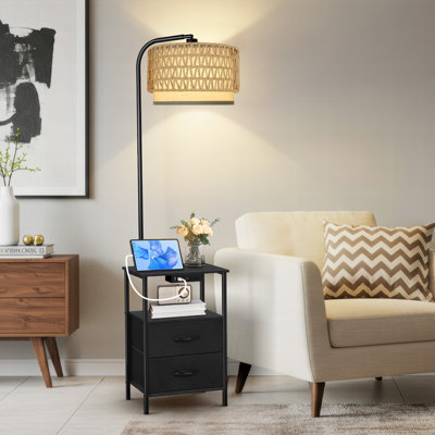 63.19" Floor Lamp With Table And Remote Control Wicker Double Lampshade End Table