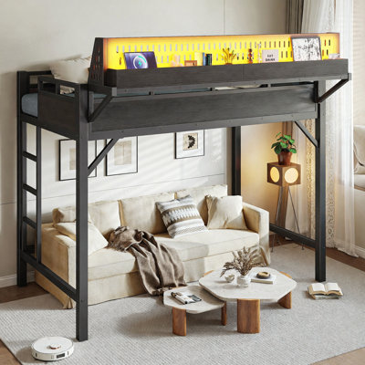 Structure de lit simple de taille mezzanine avec tablettes de rangement et panneau perforé, lit mezzanine en métal avec ports USB et lumières DEL, sécuritaire et robuste