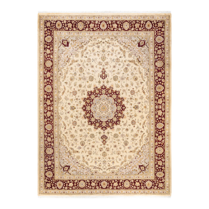 Tapis beige / bourgogne / doré noué à la main de conception unique 9 pi 2 po x 12 pi 5 po Hayner
