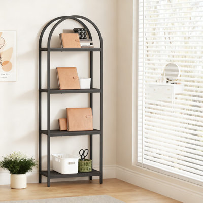 Industrial 4-Tier Arched Bookcase, Open Storage Shelf With Metal Frame For Living Room, Office, And Bedroom Organization