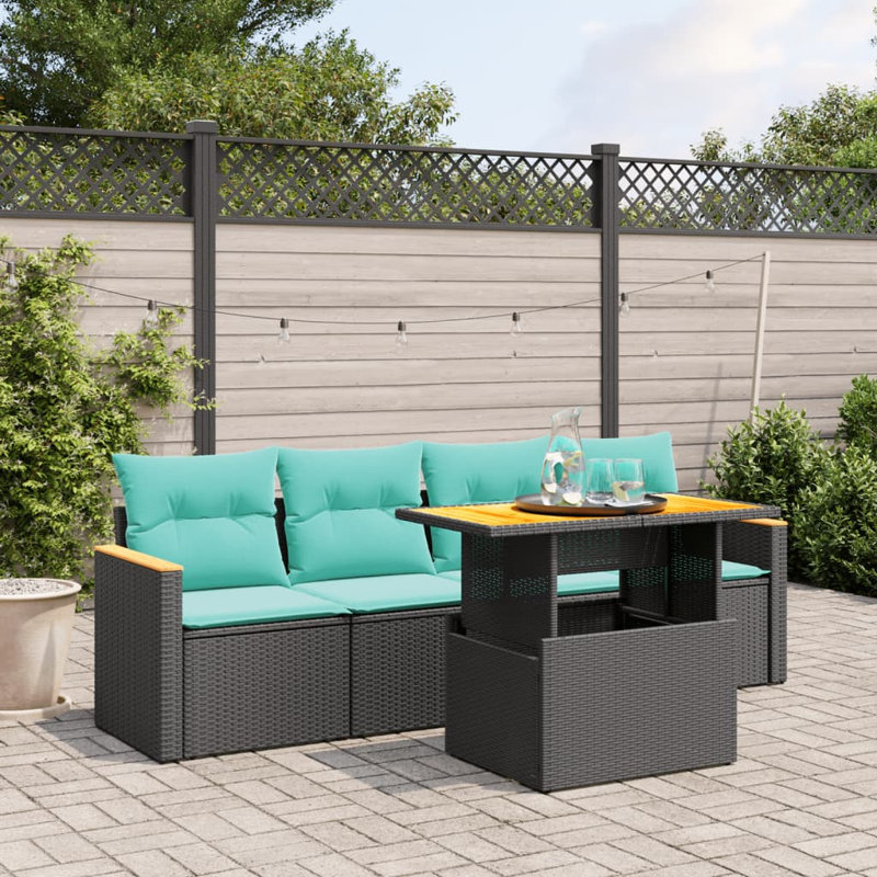  Ensemble de canapé de patio 5 pièces avec coussins en rotin de polyester, Noir, Vert