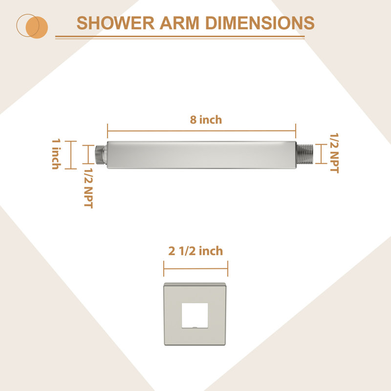 8 Inch Ceiling Mounted Shower Arm Solid Brass  Square Extension Arm with Flange, Brushed Nickel