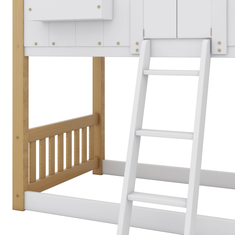 Twin-Over-Twin House-Themed Bunk Bed Complete With Roof, Window, Window Box, Door, Safety Rails, And Ladder, Natural/White