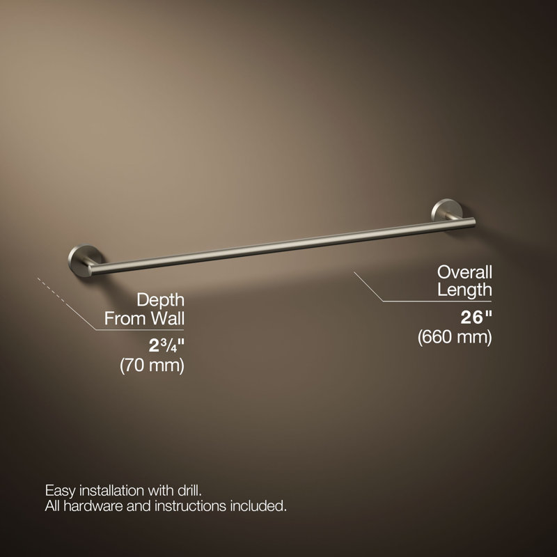 Elate Wall Mounted Round Towel Bar, Metal Wall-Mounted Towel Holder, Brushed Nickel, 2" H x 24" L x 2.75" D