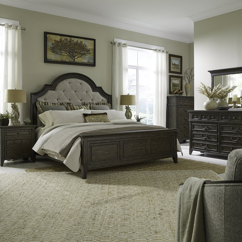 Trelawny Upholstered Bedroom Set, California King, 5 Pcs: Bed, Nightstand, 2 Dressers, Mirror