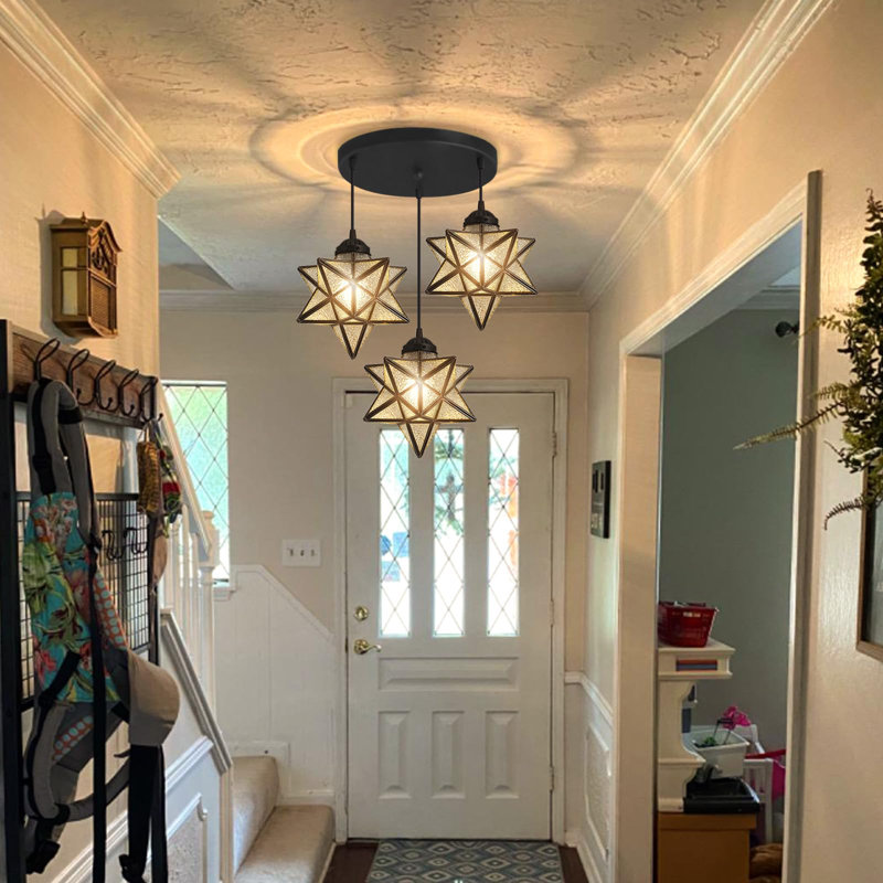 3-light Glam Chandelier With Glass Star, Matte Black, Gold