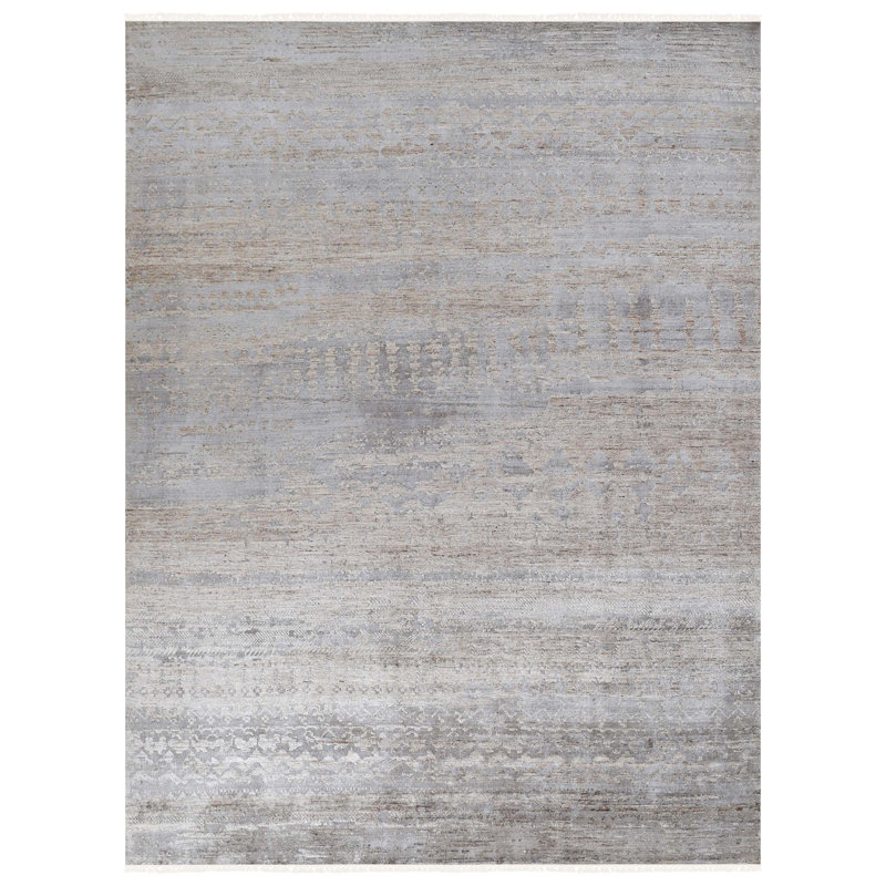 Tapis rectangulaire gris / brun en laine / viscose noué à la main, Rectangle 8 pi x 10 pi