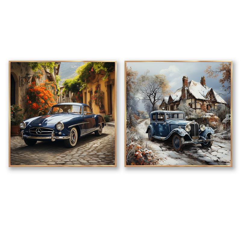 1930S and 1970S Vintage Car Beauty - Ensemble de 2 voitures rétro, H 16 po x l 33 po, Cadre flottant doré